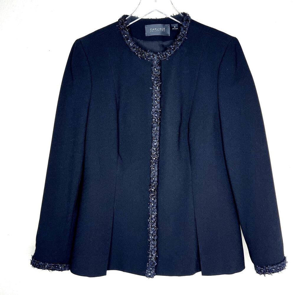 Carlisle Collection Black Blazer Jacket Tweed Boucle Fringe Trim 6 Collarless
